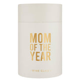 Mom of the Year stemless wine glass with gold text on cream packaging by Santa Barbara Design Studio