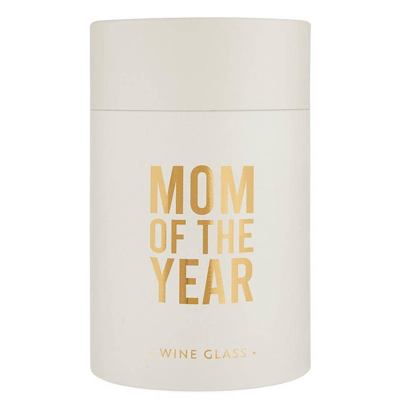 Mom of the Year stemless wine glass with gold text on cream packaging by Santa Barbara Design Studio