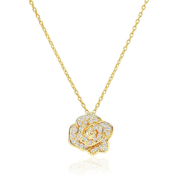 Gold pave rose pendant necklace with cubic zirconia crystals on chain