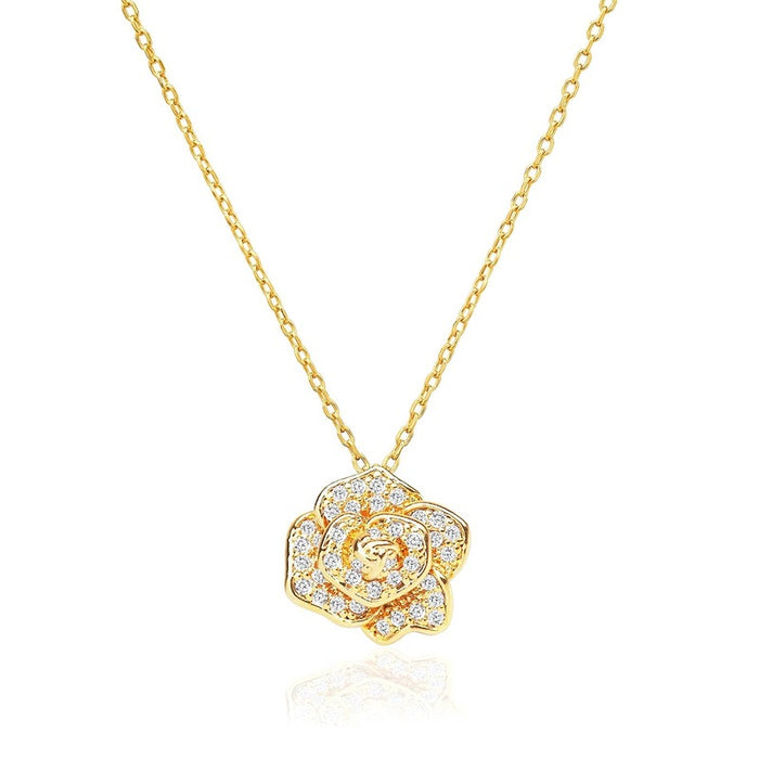 Gold pave rose pendant necklace with cubic zirconia crystals on chain