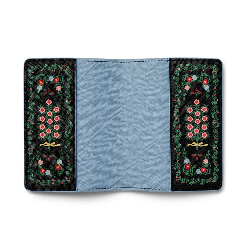Rifle Paper Co. Rosette Passport Holder with black floral design and light blue interior