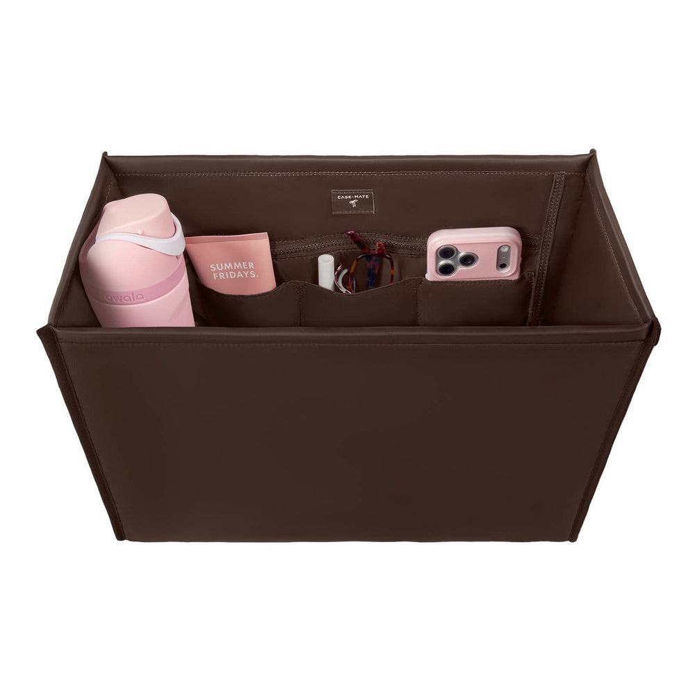 Case-Mate Tote Organizer in Espresso with pink accessories and phone case inside