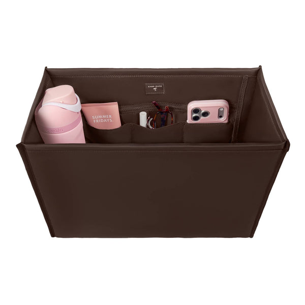 Case-Mate Tote Organizer in Espresso with pink accessories and phone case inside