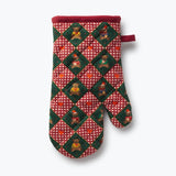Red and green quilted oven mitt with teddy bear and holiday design pattern