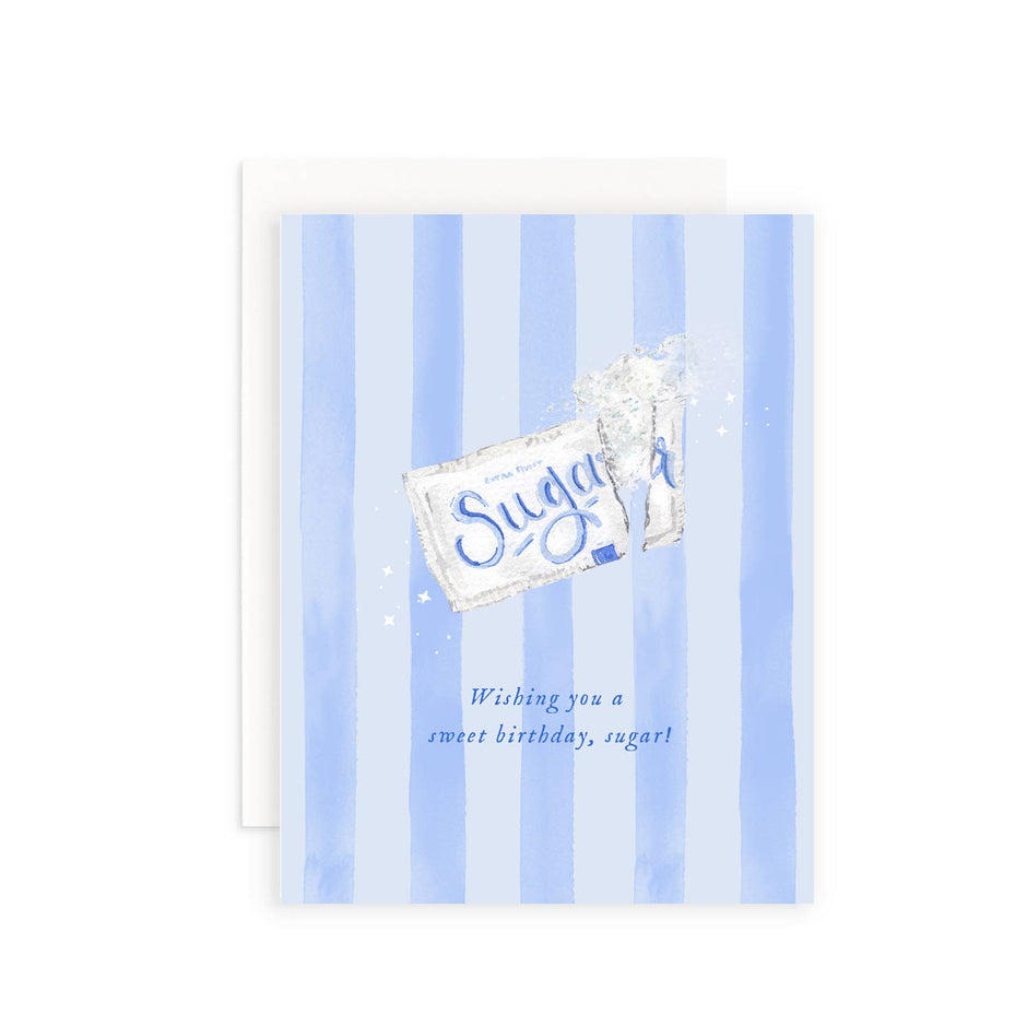 Greeting card with blue striped background and 'sugar' text