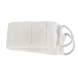 White exfoliating back scrubber sponge with dual handles for shower use