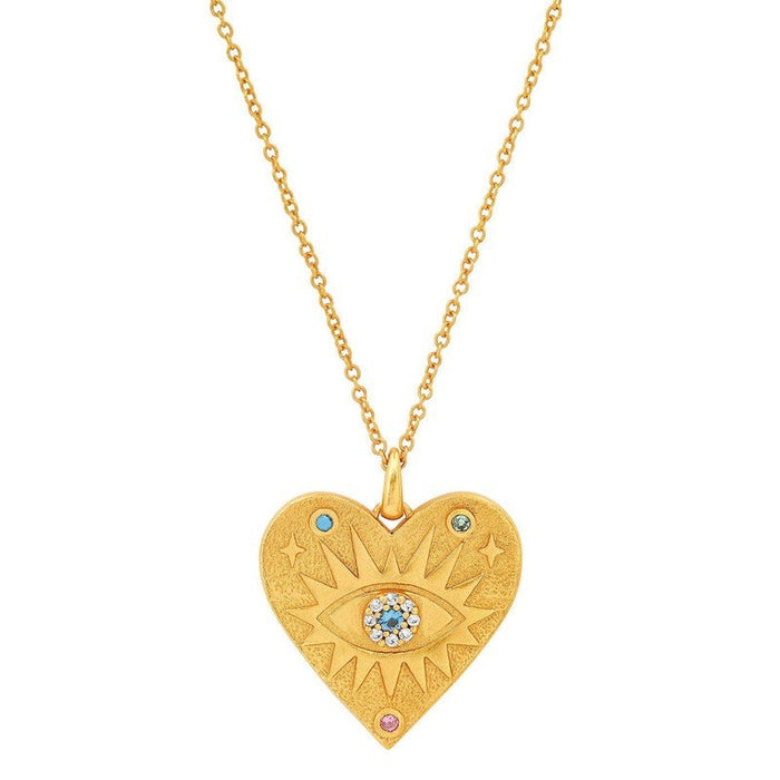 Gold heart evil eye necklace with blue gemstone center and colorful accents on chain