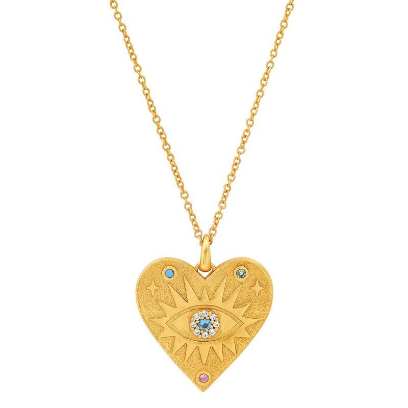 Gold heart evil eye necklace with blue gemstone center and colorful accents on chain