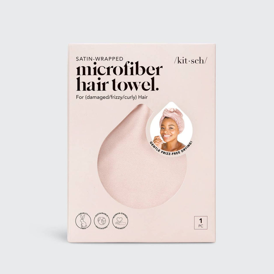 Kitsch satin-wrapped microfiber hair towel in blush pink with product details and benefits