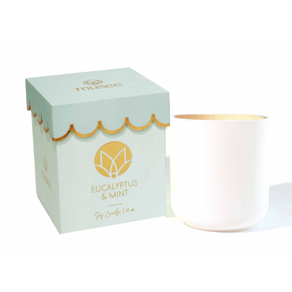 MUSEE Eucalyptus & Mint Scalloped Soy Candle with white jar and decorative turquoise box packaging
