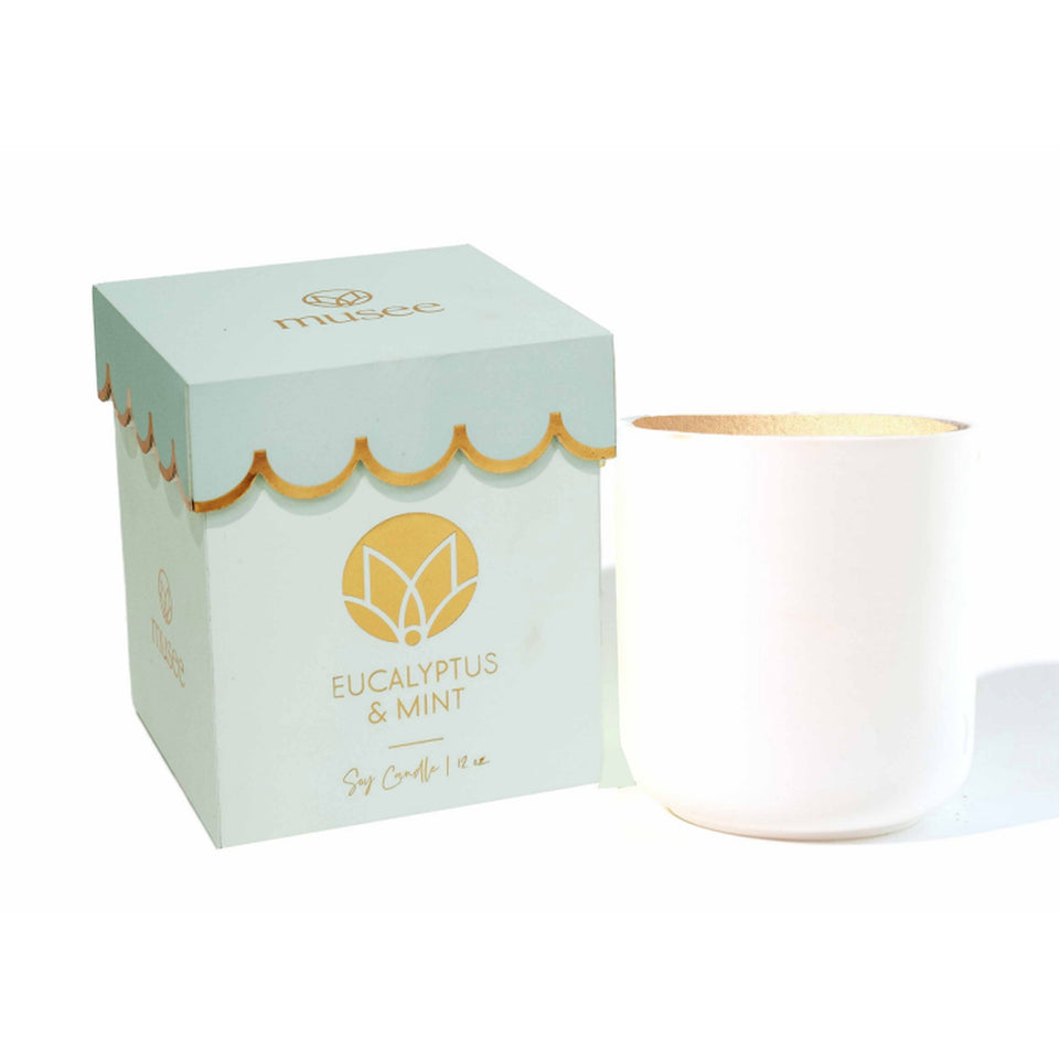 MUSEE Eucalyptus & Mint Scalloped Soy Candle with white jar and decorative turquoise box packaging