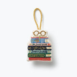Rifle Paper Co. Book Club Embroidered Ornament with colorful stacked books and glasses on white background