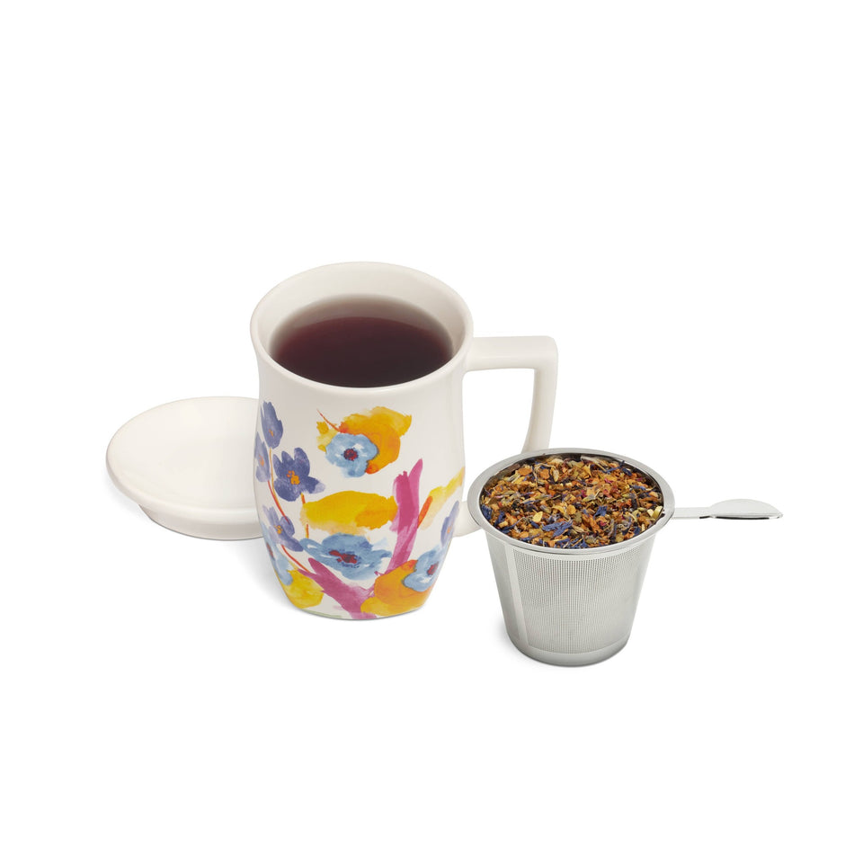 Tea Forte Volaré Fiore steeping cup with colorful floral design and stainless steel infuser basket