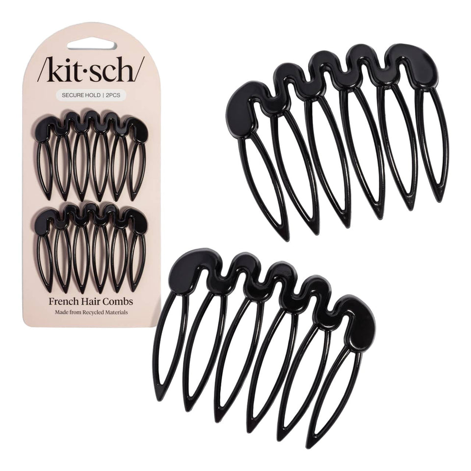 Black French hair combs set of 2 by Kitsch, made from recycled materials, displayed on packaging.