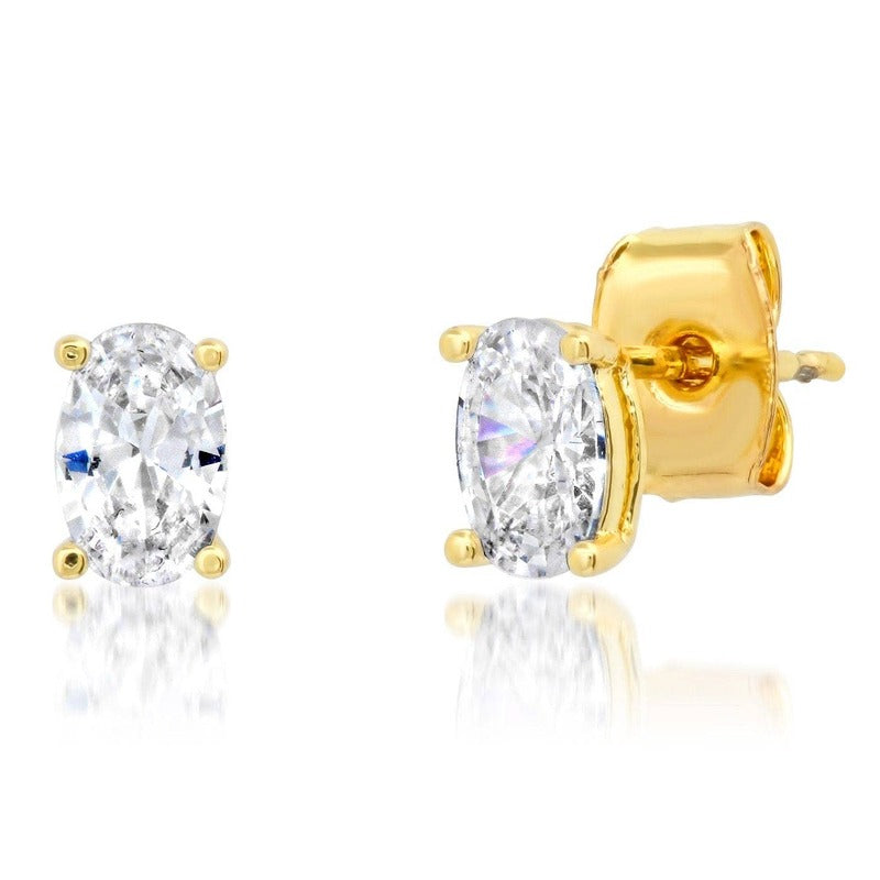 Gold oval CZ stud earrings with clear crystal stones on white background