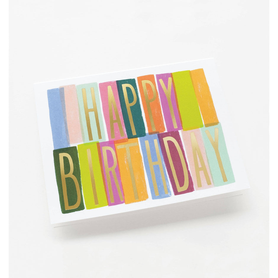 Rifle Paper Co. Mérida Birthday Card with colorful striped design and gold lettering