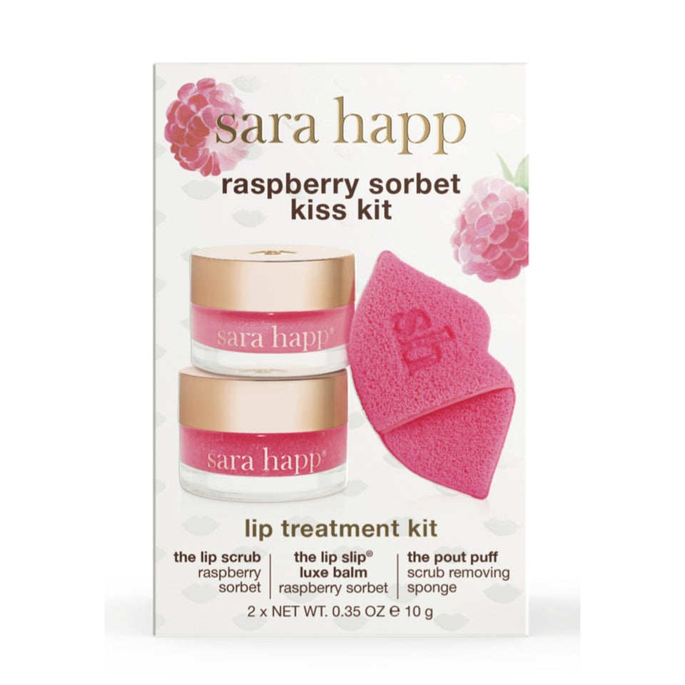 Sara Happ Raspberry Sorbet Kiss Kit with lip scrub, balm, and pout puff sponge