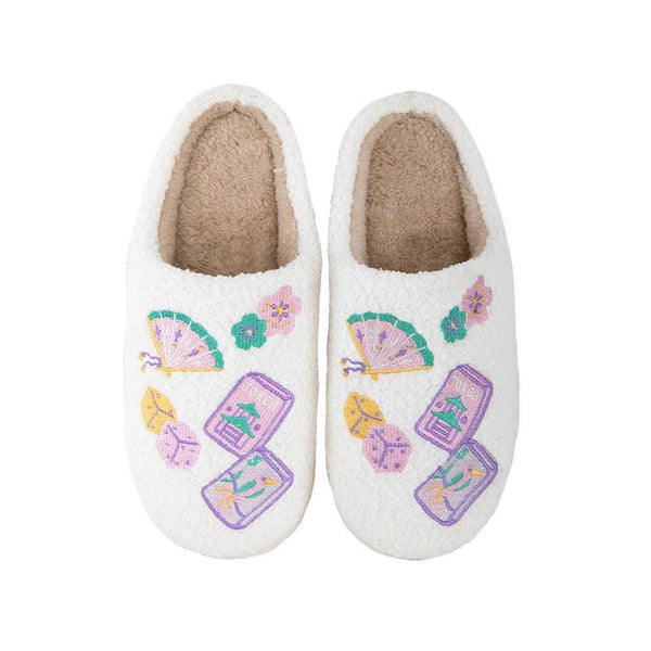 Mahjong Pieces House Slippers for Women in cream with colorful embroidered designs