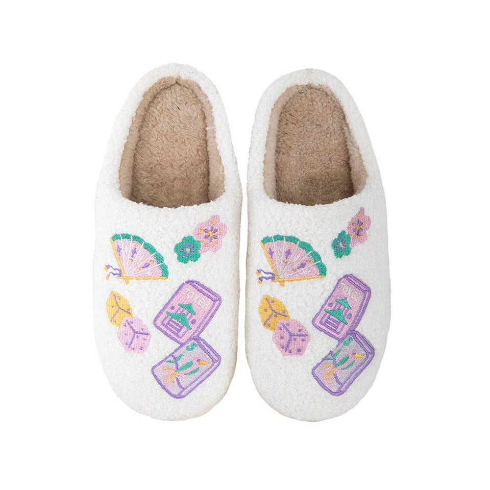 Mahjong Pieces House Slippers for Women in cream with colorful embroidered designs