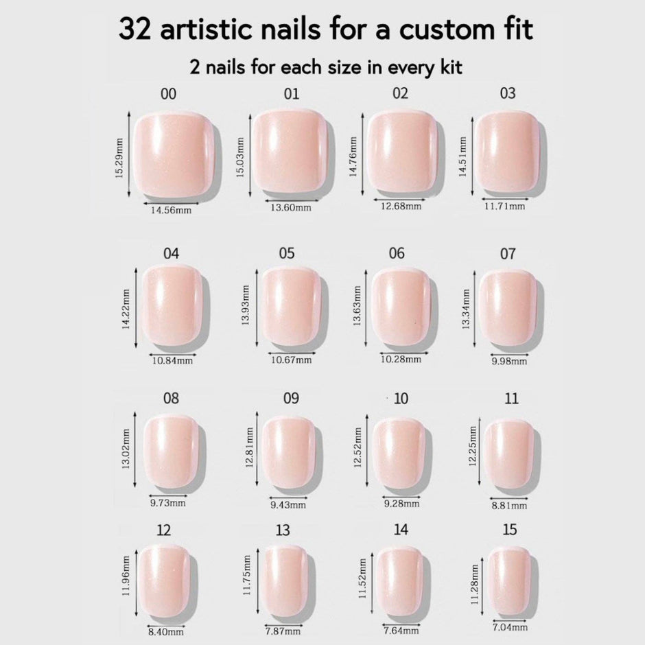 32 nude press-on nails in 16 sizes with measurements for custom fit