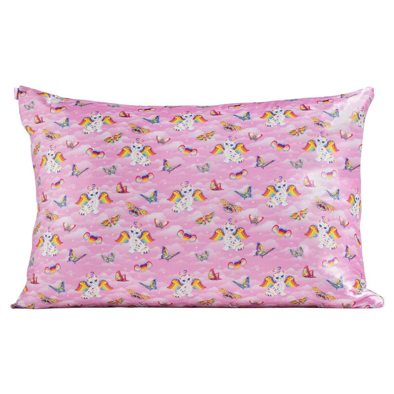 Lisa Frank x Kitsch satin pillowcase with colorful angel kitty and butterfly print on pink background