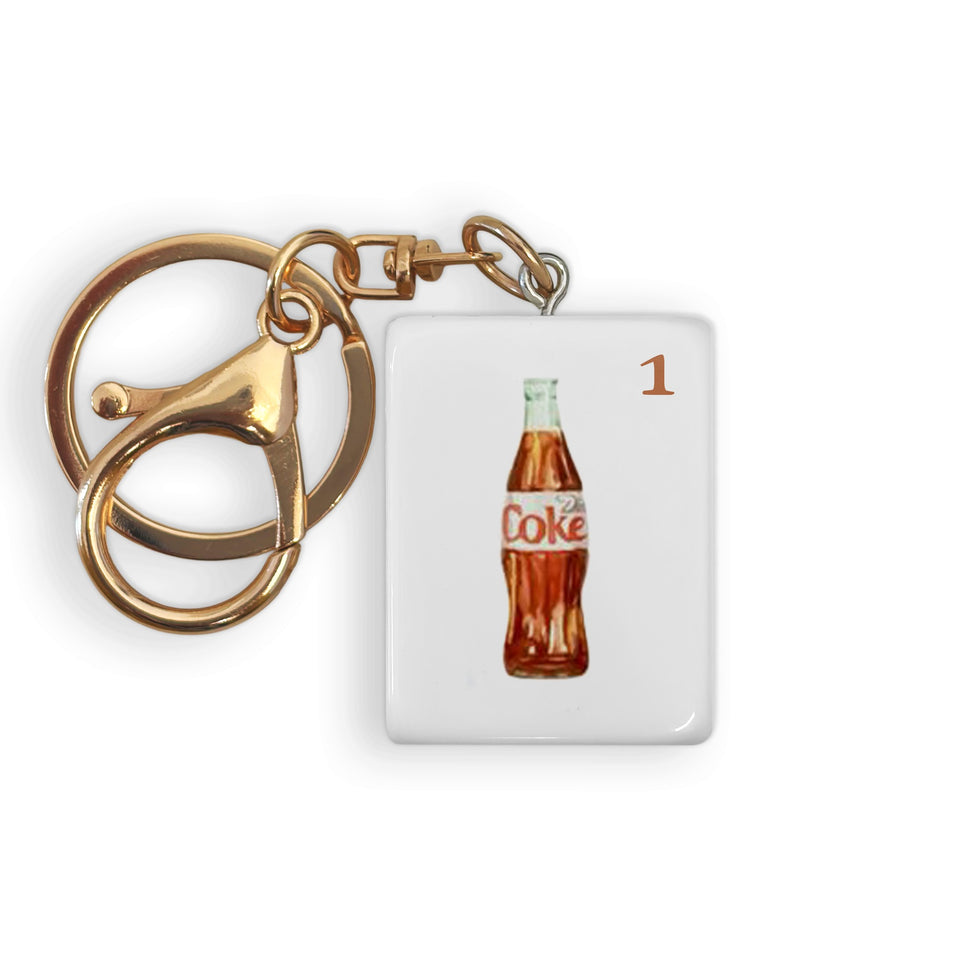 Diet Coke Mahjong tile keychain with gold metal clasp and keyring attachment