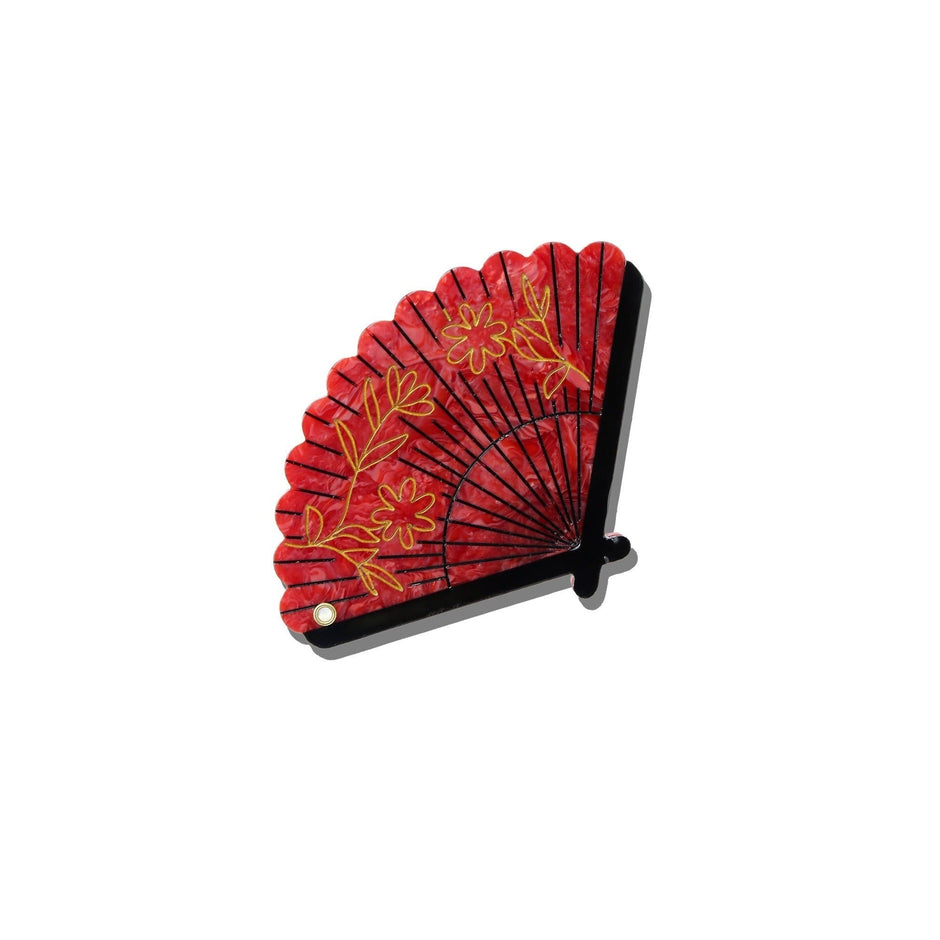 Red hand-painted vintage fan compact mirror with golden floral design and black handle