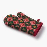 Beary Christmas oven mitt with red gingham and green bear pattern, featuring burgundy cuff