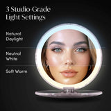 LED compact mirror with 3 studio-grade light settings: natural daylight, neutral white, and soft warm