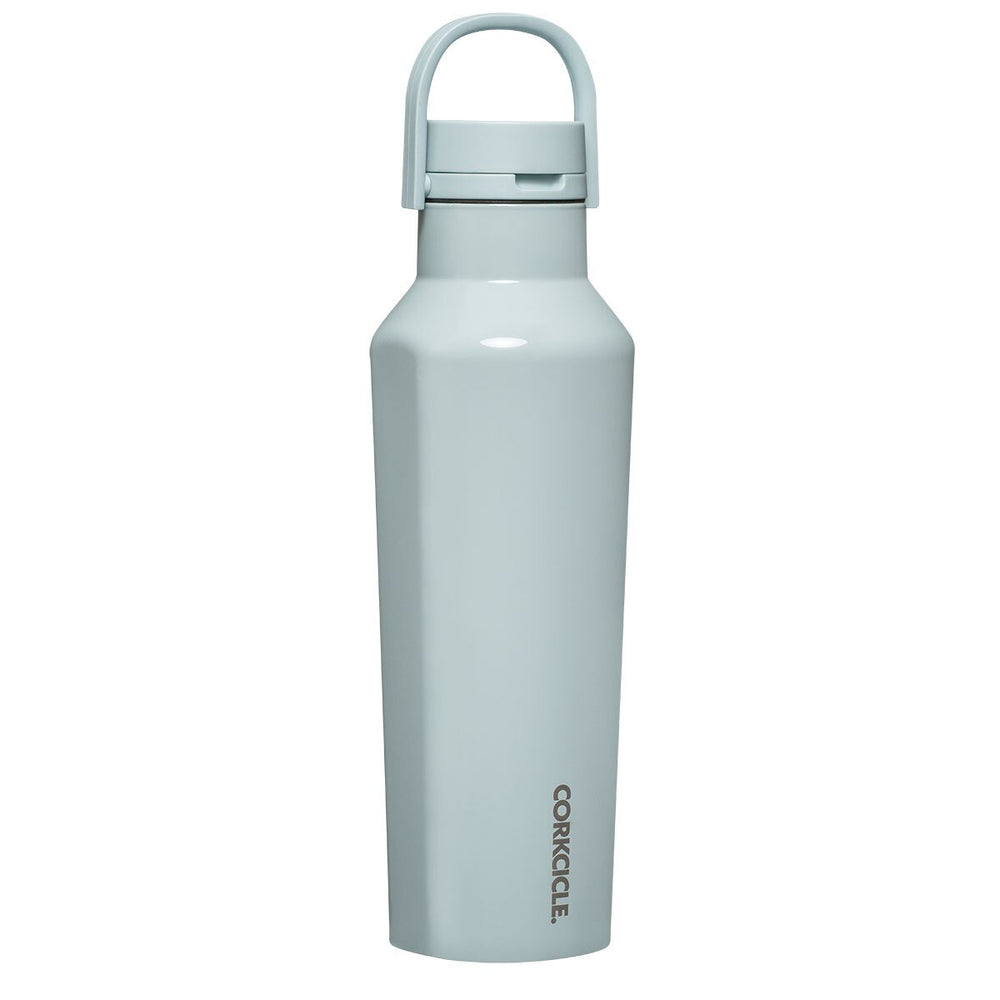 A light blue-gray Corkcicle insulated water bottle with a matching carrying loop lid, shown on a solid white background.