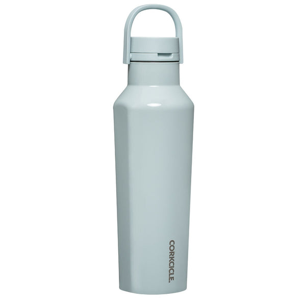 A light blue-gray Corkcicle insulated water bottle with a matching carrying loop lid, shown on a solid white background.