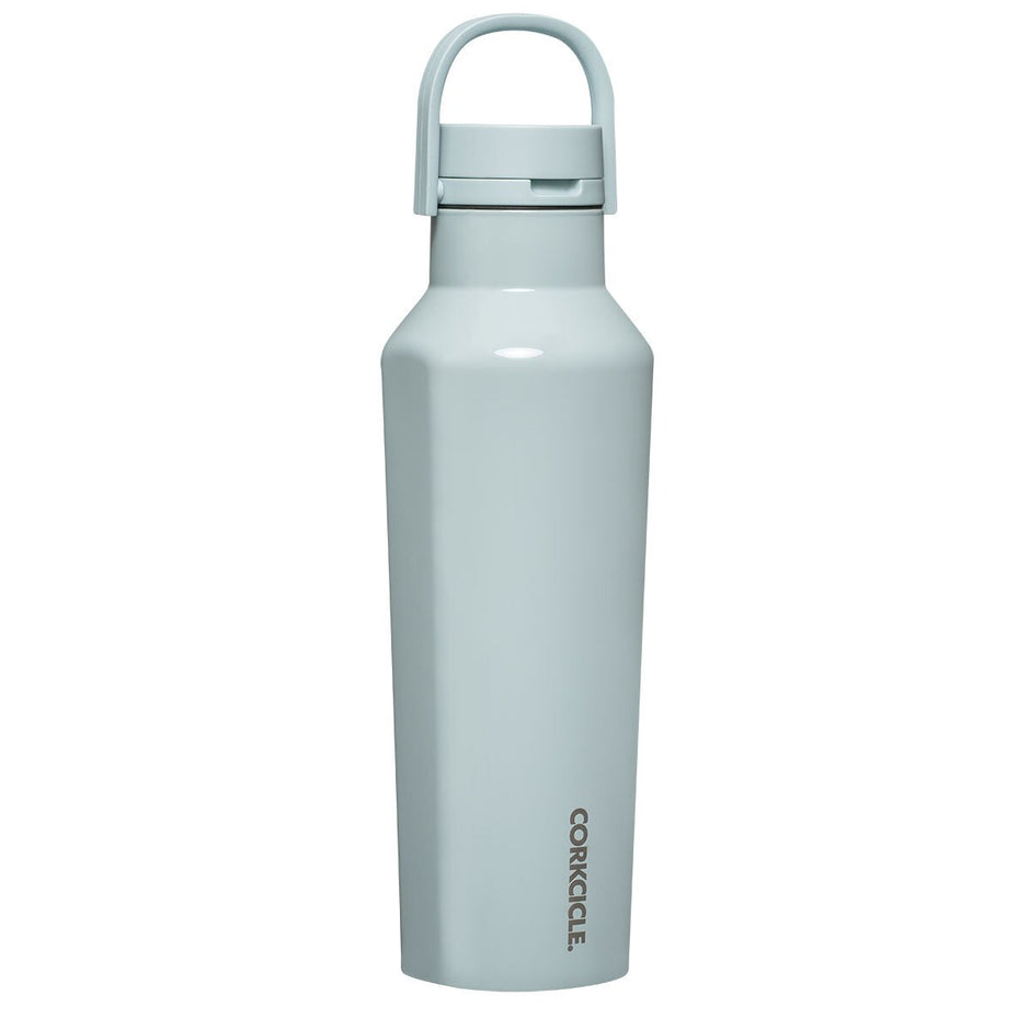 A light blue-gray Corkcicle insulated water bottle with a matching carrying loop lid, shown on a solid white background.