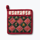 Red quilted pot holder with festive teddy bear and checkered diamond pattern design