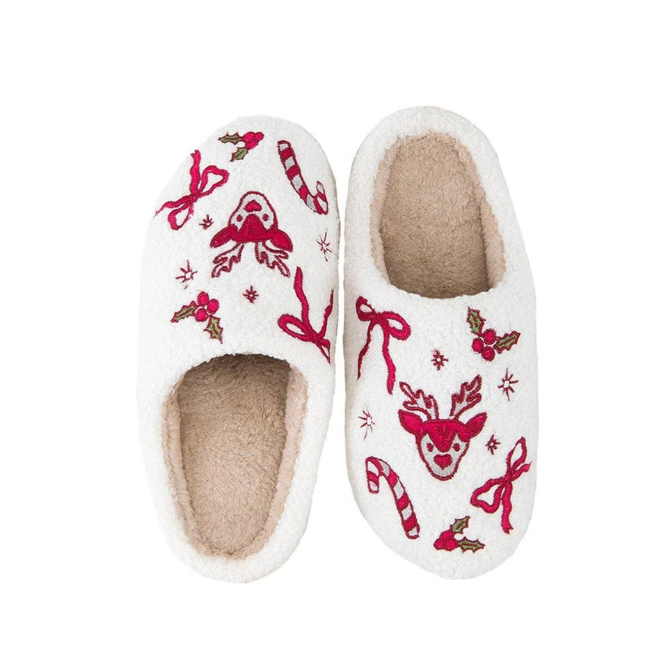 White Christmas slippers with red reindeer, bows, candy canes and holly embroidery design