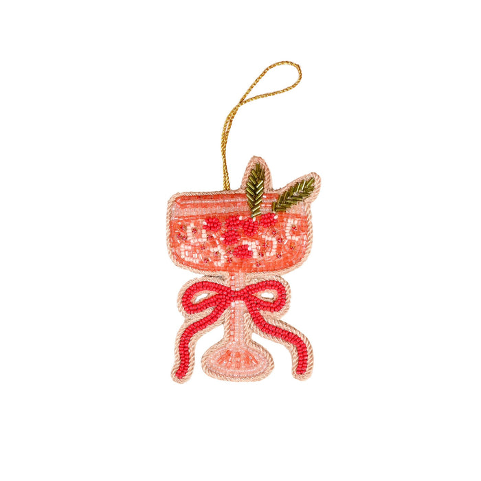 Handcrafted beaded ornament in red and coral with bow detail and gold string loop