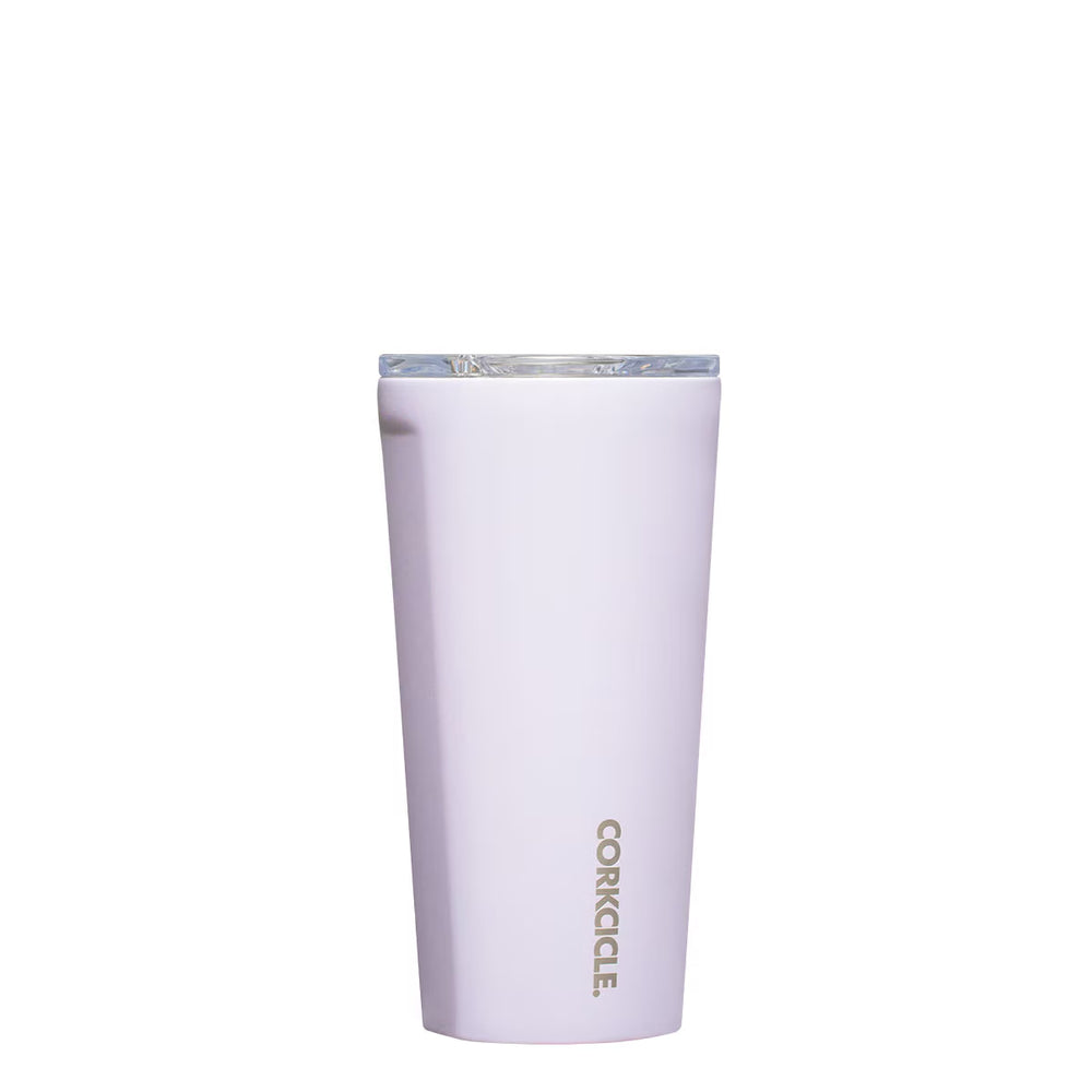 Corkcicle 16oz Tumbler in Lavender Fog, a pale purple insulated tumbler with clear lid