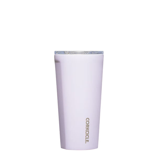 Corkcicle 16oz Tumbler in Lavender Fog, a pale purple insulated tumbler with clear lid