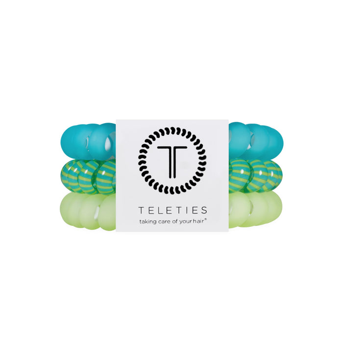 TELETIES Cabana Cutie Large Hair Ties in turquoise, striped green, and yellow colors