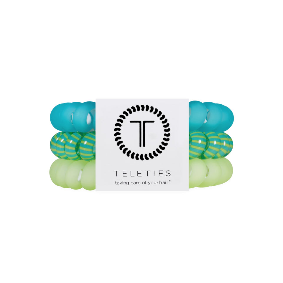 TELETIES Cabana Cutie Large Hair Ties in turquoise, striped green, and yellow colors