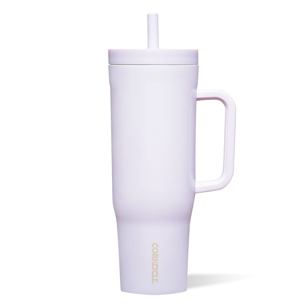 Corkcicle 40oz Cruiser in Lavender Fog, a pale purple insulated tumbler with handle and straw lid
