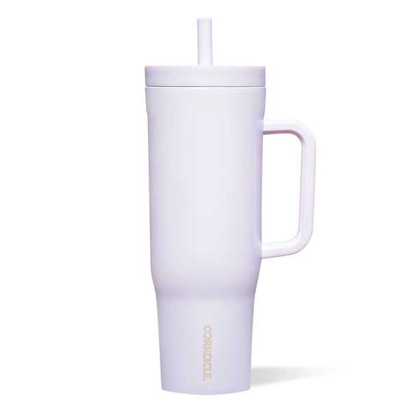 Corkcicle 40oz Cruiser in Lavender Fog, a pale purple insulated tumbler with handle and straw lid