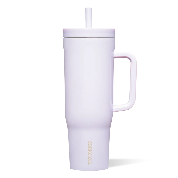 Corkcicle 40oz Cruiser in Lavender Fog, a pale purple insulated tumbler with handle and straw lid
