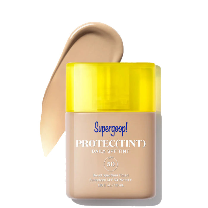 Supergoop! Protec(Tint) Daily SPF Tint with yellow cap on a white background