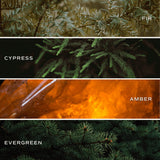 Fragrance comparison chart showing Fir, Cypress, Amber, and Evergreen scent notes with visual elements