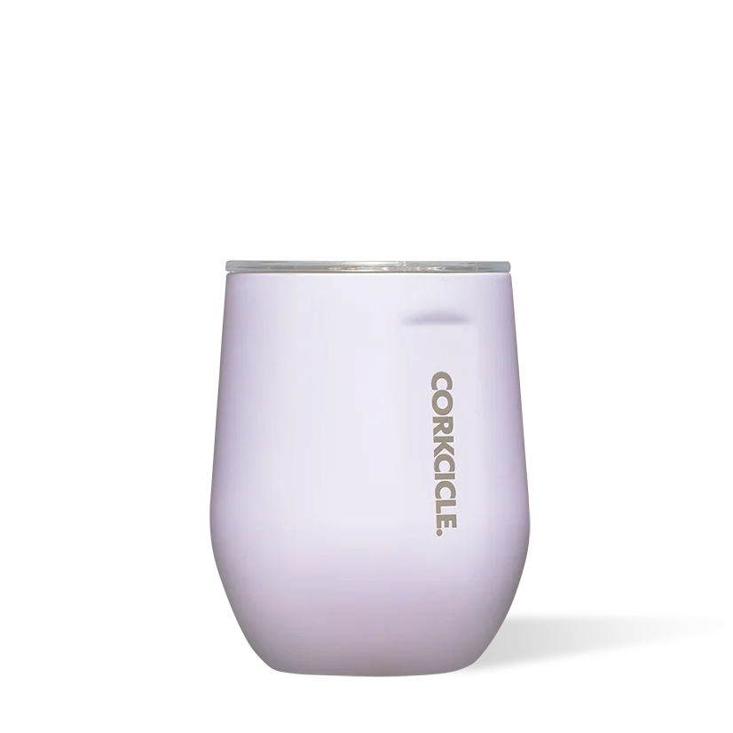 Corkcicle 12oz Classic Stemless in Lavender Fog, a pale purple insulated wine tumbler with lid