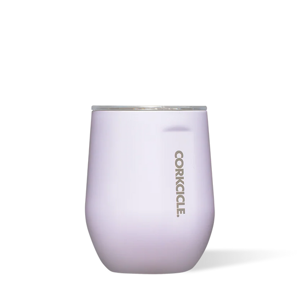 Corkcicle 12oz Classic Stemless in Lavender Fog, a pale purple insulated wine tumbler with lid