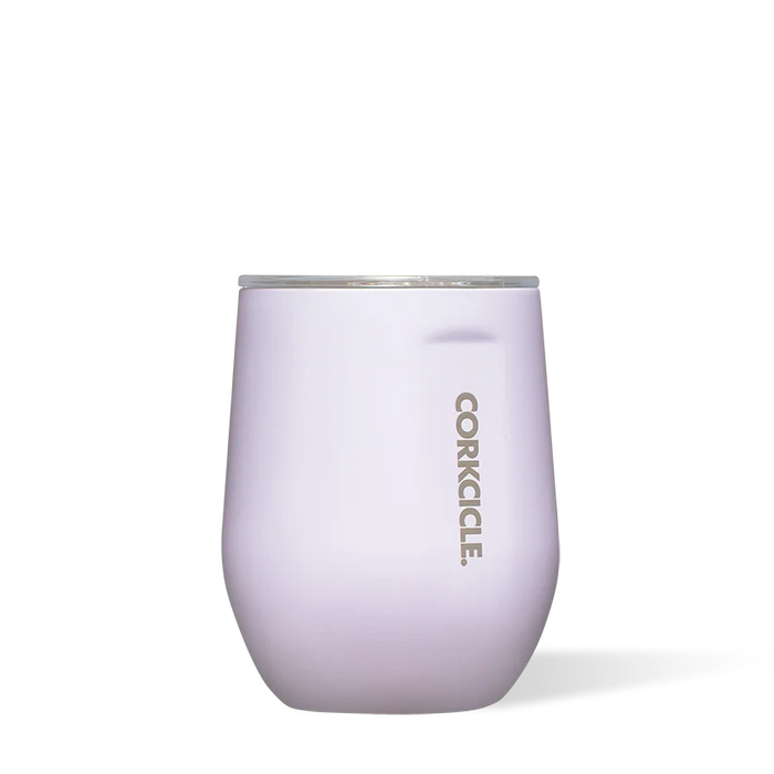 Corkcicle 12oz Classic Stemless in Lavender Fog, a pale purple insulated wine tumbler with lid