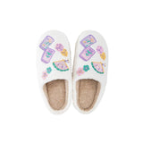 Mahjong Pieces House Slippers for Women in cream with colorful embroidered designs and tan fleece lining