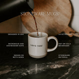 Stoneware mug with 'Love You' text showing product features: 14oz volume, microwave safe, dishwasher safe, designed in USA