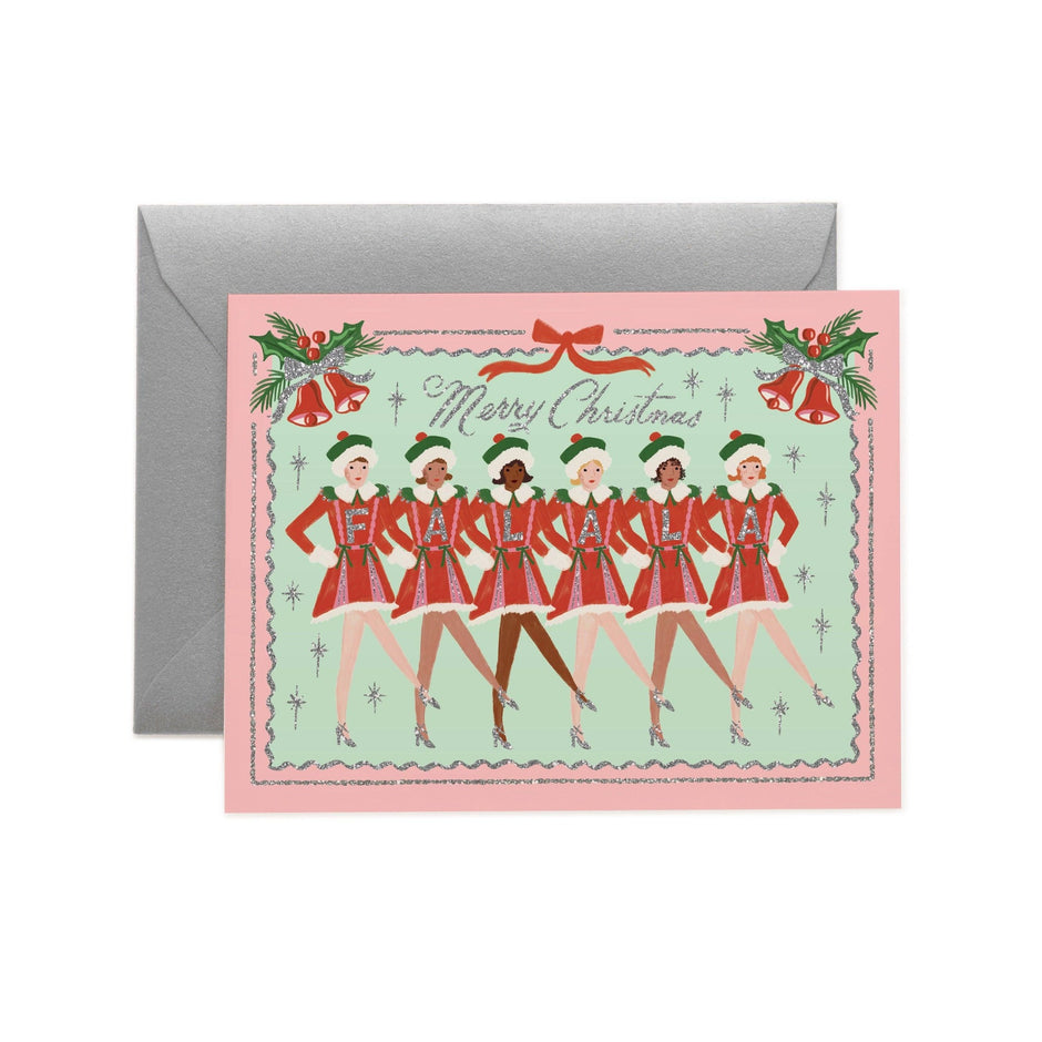 Rifle Paper Co. Fa La La Christmas Card with festive elf illustrations and gray envelope